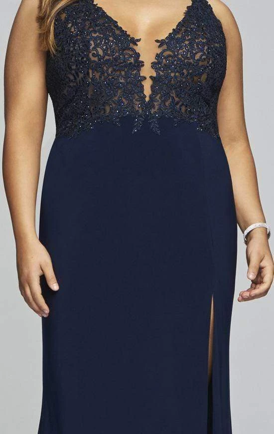 Faviana - Lace Applique V-Neck Jersey Sheath Dress 9463 - 2 Pcs Navy In Size 18W Available Formal Gowns 5 Faviana - Lace Applique V-Neck Jersey Sheath Dress 9463 - 2 Pcs Navy In Size 18W Available Formal Gowns