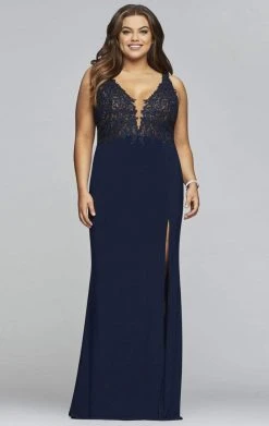 Faviana - Lace Applique V-Neck Jersey Sheath Dress 9463 - 2 Pcs Navy In Size 18W Available Formal Gowns