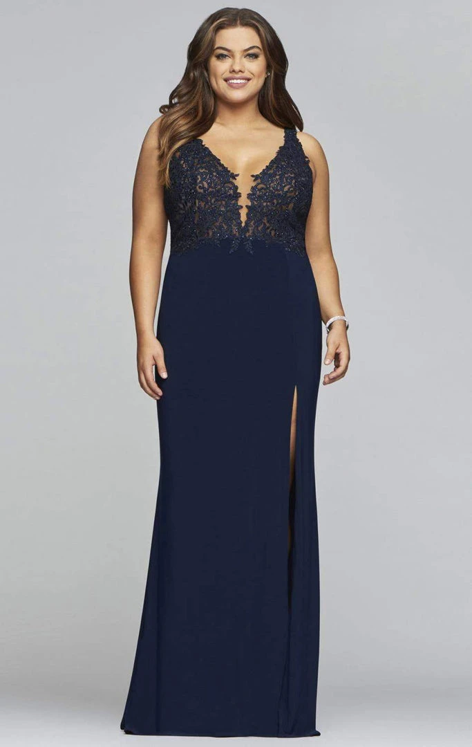 Faviana - Lace Applique V-Neck Jersey Sheath Dress 9463 - 2 Pcs Navy In Size 18W Available Formal Gowns 3 Faviana - Lace Applique V-Neck Jersey Sheath Dress 9463 - 2 Pcs Navy In Size 18W Available Formal Gowns