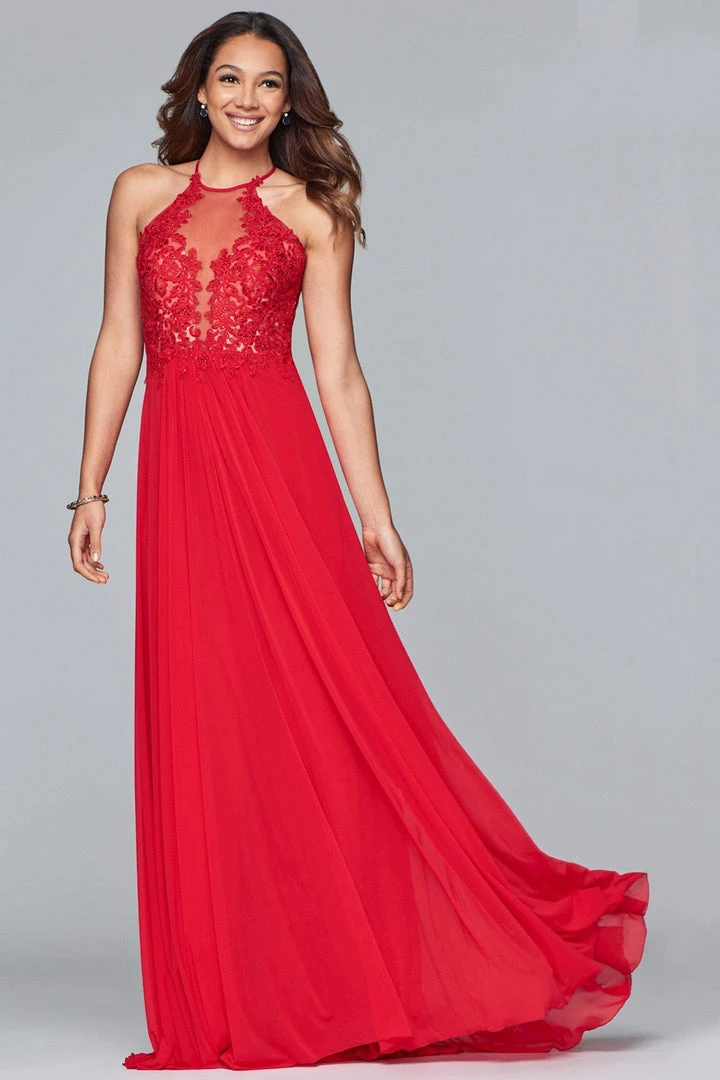 Faviana Formal Gowns- Lace Appliqued Illusion Halter Evening Dress S10203 - 1 Pc Navy In Size 2 Available 4 Faviana Formal Gowns- Lace Appliqued Illusion Halter Evening Dress S10203 - 1 Pc Navy In Size 2 Available