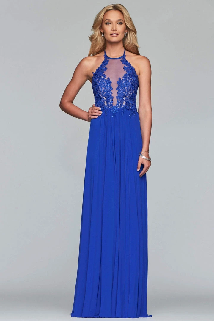 Faviana Formal Gowns- Lace Appliqued Illusion Halter Evening Dress S10203 - 1 Pc Navy In Size 2 Available 7 Faviana Formal Gowns- Lace Appliqued Illusion Halter Evening Dress S10203 - 1 Pc Navy In Size 2 Available