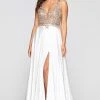 Formal Gowns Faviana - Lace Bodice Satin High Slit Dress 10407 - 1 Pc Ivory/Gold In Size 6 Available