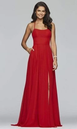 Formal Gowns Faviana - Lace Up Back High Slit Chiffon Dress - 1 Pc Evergreen In Size 12 Available