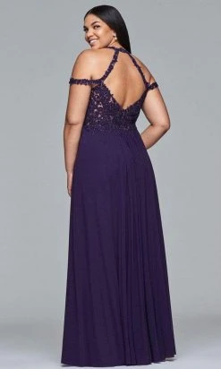 Faviana - Lace V-neck Sheath Dress 9439 - 1 Pc Aubergine In Size 16W Available