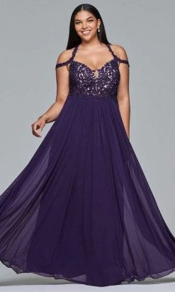 Faviana - Lace V-neck Sheath Dress 9439 - 1 Pc Aubergine In Size 16W Available