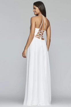 Formal Gowns Faviana - Plunging V Neckline Halter Lace Up Back Gown 10201 - 1 Pc Ivory/Gold In Size 0 And 1 Pc Buttercream In Size 2 Available