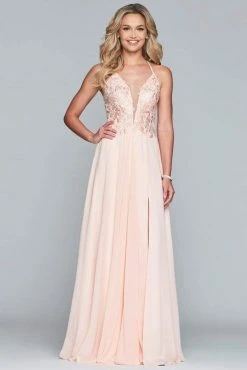 Formal Gowns Faviana - Plunging V Neckline Halter Lace Up Back Gown 10201 - 1 Pc Ivory/Gold In Size 0 And 1 Pc Buttercream In Size 2 Available