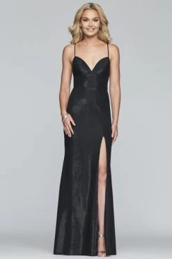 Formal Gowns Faviana - S10218 Metallic Jersey V-neck Trumpet Dress With Slit