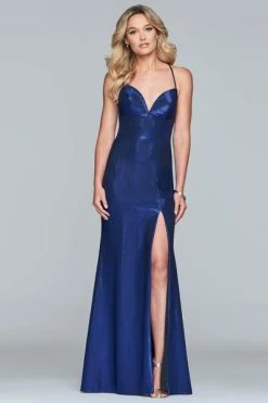 Formal Gowns Faviana - S10218 Metallic Jersey V-neck Trumpet Dress With Slit