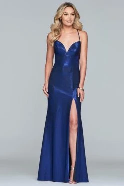 Formal Gowns Faviana - S10218 Metallic Jersey V-neck Trumpet Dress With Slit