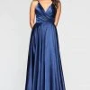 Formal Gowns Faviana - S10429 Pleated Sleeveless V-neck Satin Gown - 1 Pc Navy In Size 6 Available