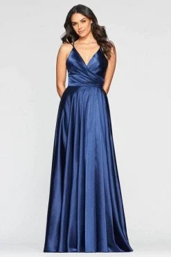 Formal Gowns Faviana - S10429 Pleated Sleeveless V-neck Satin Gown - 1 Pc Navy In Size 6 Available
