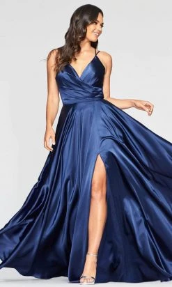 Formal Gowns Faviana - S10429 Pleated Sleeveless V-neck Satin Gown - 1 Pc Navy In Size 6 Available