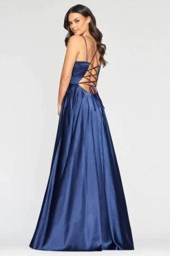 Formal Gowns Faviana - S10429 Pleated Sleeveless V-neck Satin Gown - 1 Pc Navy In Size 6 Available