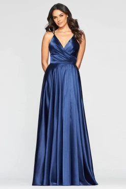 Formal Gowns Faviana - S10429 Pleated Sleeveless V-neck Satin Gown - 1 Pc Navy In Size 6 Available