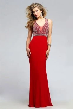 Faviana - S7805 Eye-Catching Jersey Dress With Plunging Neckline - 1 Pc Red In Size 4 Available