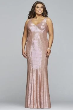 Formal Gowns Faviana - Sleeveless Metallic Jersey V-neck Sheath Dress 9453 - 1 Pc Platinum In Size 14W Available
