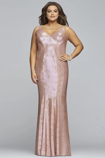 Formal Gowns Faviana - Sleeveless Metallic Jersey V-neck Sheath Dress 9453 - 1 Pc Platinum In Size 14W Available 5 Formal Gowns Faviana - Sleeveless Metallic Jersey V-neck Sheath Dress 9453 - 1 Pc Platinum In Size 14W Available