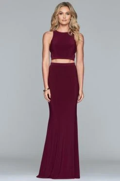 Faviana - Two Piece Halter Jersey Fitted Dress 10206 - 1 Pc Bordeaux In Size 12 Available