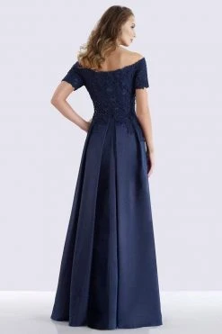 Feriani Couture - Beaded Off Shoulder Pleated Evening Gown 18657 - 1 Pc Navy In Sizes 6 Available