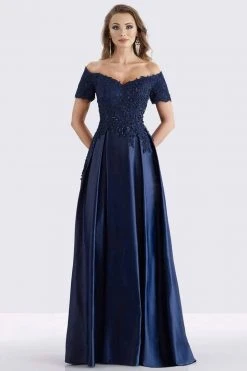 Feriani Couture - Beaded Off Shoulder Pleated Evening Gown 18657 - 1 Pc Navy In Sizes 6 Available