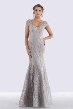 Formal Gowns Feriani Couture 18721 Cap Sleeve V-Neck Embellished Mermaid Gown - 1 Pc Silver In Size 10 Available