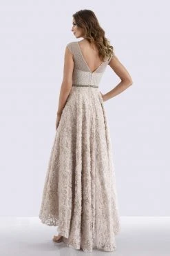 Feriani Couture - Embossed Floral Cap Sleeves High Low Dress 18662 - 1 Pc Stone In Size 6 Available Formal Gowns