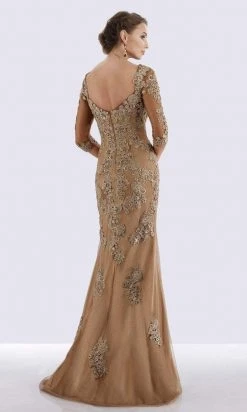 Feriani Couture - Quarter Length Sleeve Appliqued Sheath Gown 26271 - 1 Pc Bronze In Size 10 Available Formal Gowns