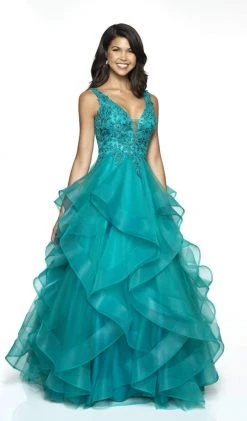 Blush By Alexia Designs Flair Prom - 19052 Sleeveless Lace Top Draped Ruffles Tulle Gown