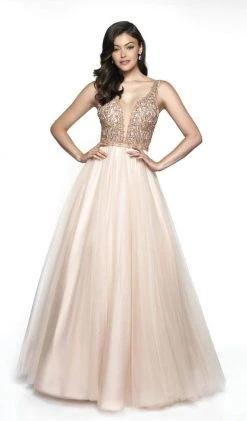 Blush By Alexia Designs Flair Prom - 19210 Plunging Illusion Beaded Bodice Tulle Gown
