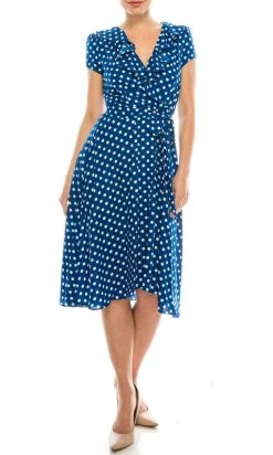 Gabby Skye - 57538MG Polka Dot Ruffle Neckline Faux Wrap Dress