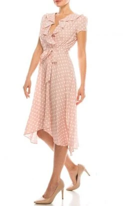 Gabby Skye - 57538MG Polka Dot Ruffle Neckline Faux Wrap Dress