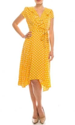 Gabby Skye - 57538MG Polka Dot Ruffle Neckline Faux Wrap Dress