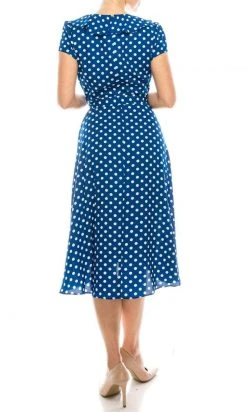 Gabby Skye - 57538MG Polka Dot Ruffle Neckline Faux Wrap Dress