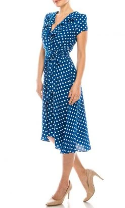 Gabby Skye - 57538MG Polka Dot Ruffle Neckline Faux Wrap Dress