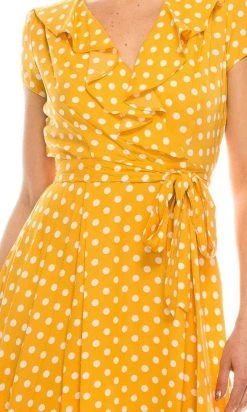 Gabby Skye - 57538MG Polka Dot Ruffle Neckline Faux Wrap Dress