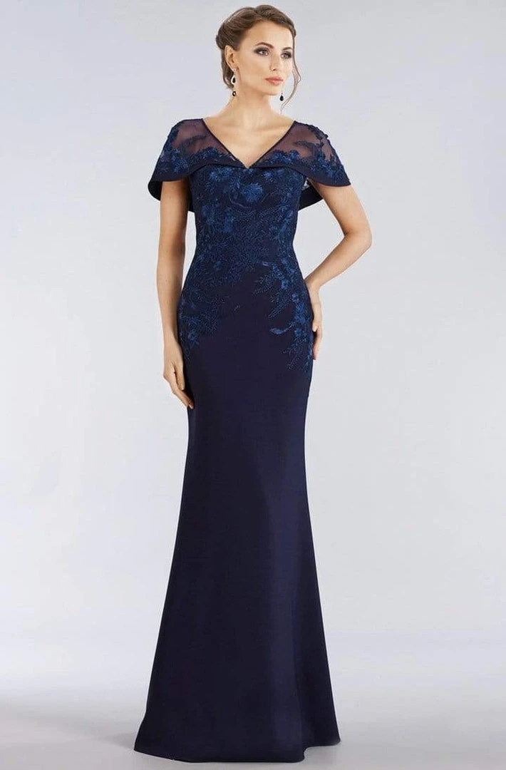 Gia Franco - Floral Embroidered Cape Sleeve Mermaid Gown 12955 - 1 Pc Navy In Size 10 Available Formal Gowns 3 Gia Franco - Floral Embroidered Cape Sleeve Mermaid Gown 12955 - 1 Pc Navy In Size 10 Available Formal Gowns