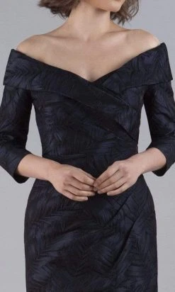 Cocktail Dresses Gia Franco - Off Shoulder Drape-Ornate Lace Dress 12053 - 1 Pc Navy In Size 8 Available