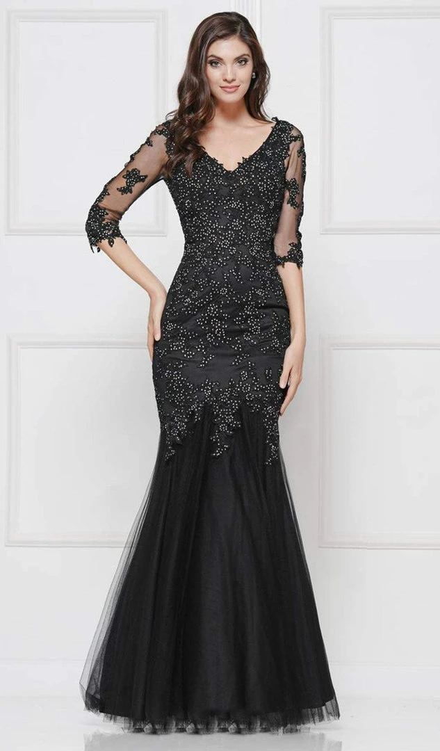 Colors Dress Glow By Colors - G290SL-1 Embellished Lace V-neck Trumpet Dress Formal Gowns 3 Colors Dress Glow By Colors - G290SL-1 Embellished Lace V-neck Trumpet Dress Formal Gowns