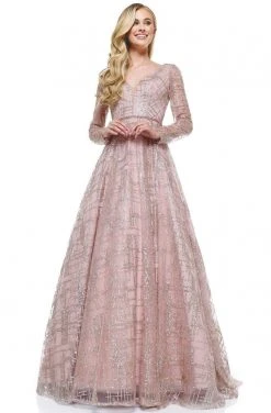 Colors Dress Formal Gowns Glow Dress - G902 Beaded Long Sleeve Deep V-neck A-line Dress