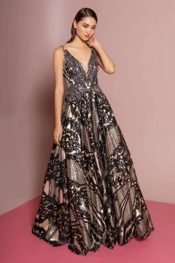 Formal Gowns GLS By Gloria - GL2538 Sequin Embellished Illusion V-Neck Long Dress