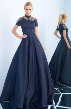 Ieena Duggal - 25809I High Collar Embellished Satin Ballgown