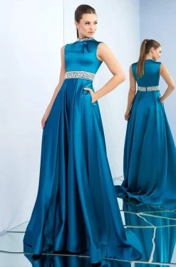 Ieena Duggal - 26063I Bejeweled High Neck Glossy A-Line Gown