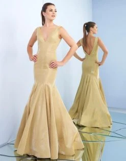 Ieena Duggal - 26074I Plunging V-Neck Gold Mermaid Gown Formal Gowns