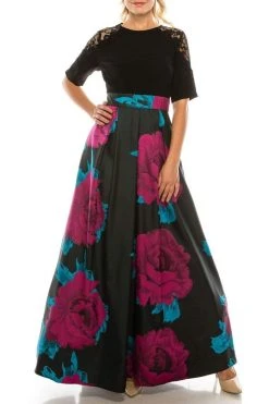 Ignite Evenings - IG3874 Lace Jewel Neck Floral Print A-line Gown Formal Gowns