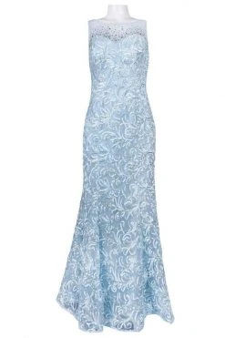 Ignite Evenings - Illusion Shoulders Embellished Trumpet Gown 3530 - 1 Pc Ice Blue In Size 12 Available Formal Gowns