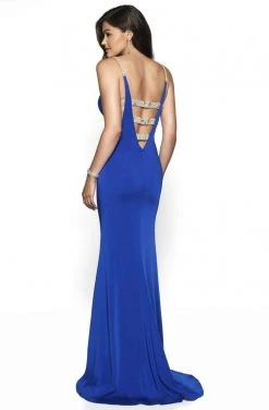 Blush By Alexia Designs Formal Gowns Intrigue By Blush - 533 Embellished Deep V-neck Satin Sheath Dress