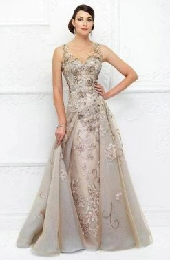 Ivonne D For Mon Cheri - Floral Embroidered A-Line Dress 118D03 - 1 PC Taupe/Aqua In Size 4 Available Formal Gowns
