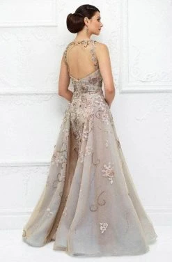 Ivonne D For Mon Cheri - Floral Embroidered A-Line Dress 118D03 - 1 PC Taupe/Aqua In Size 4 Available Formal Gowns