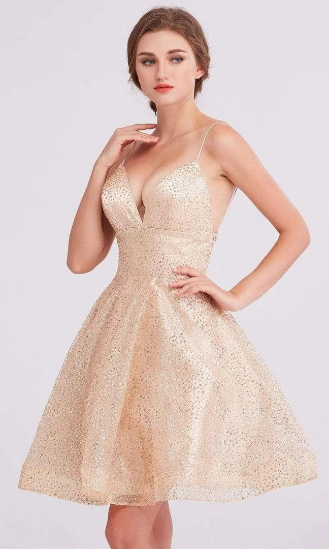 J'Adore Dresses - J15055 Plunging Neck Glittered Short Dress 5 J'Adore Dresses - J15055 Plunging Neck Glittered Short Dress